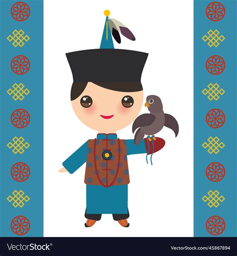 Mongolian boy in national costume and hat cartoon Vector Image