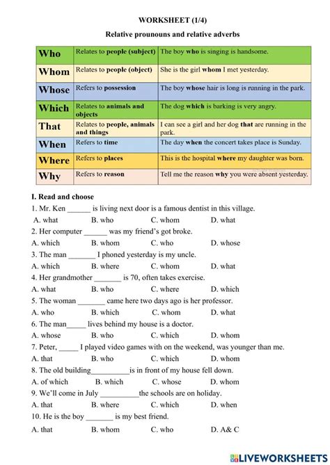 Relative Pronouns And Relative Adverbs Worksheet Live Worksheets Worksheets Library