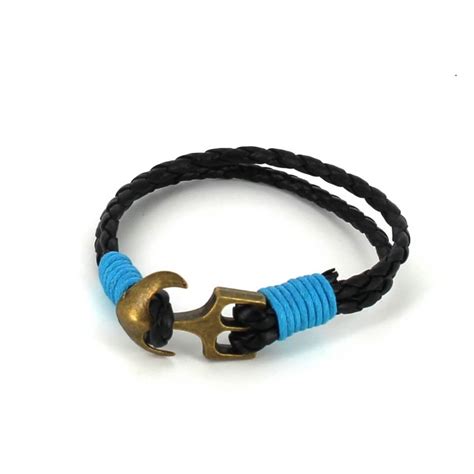 Pulsera Trenzada Negra Y Azul Con Ancla Dorado Viejo Cravatta World