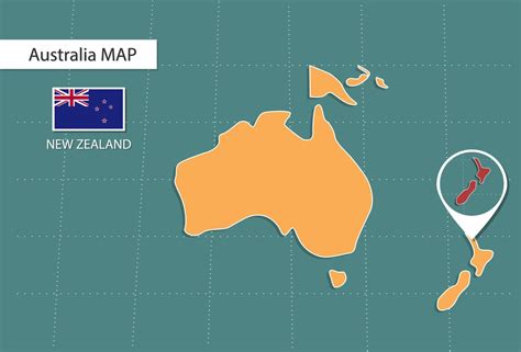 New Zealand map in Australia zoom version, icons showing New Zealand location and flags ...