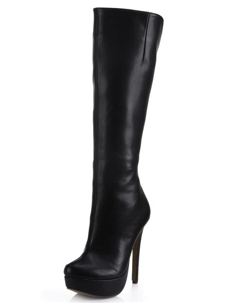 Charming Platform Black High Knee Boots Almond Toe Stiletto Heel Leather Women S Knee Length