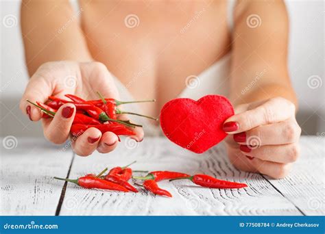 Woman Wearing White Lingerie Holding Hot Chili Stock Photo Image Of Long Passion 77508784