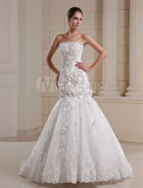 Ivory Strapless Sequin Lace Bridal Mermaid Wedding Dress Milanoo