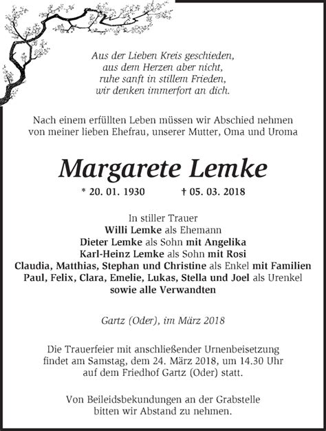 Traueranzeigen Von Margarete Lemke M Rkische Onlinezeitung Trauerportal