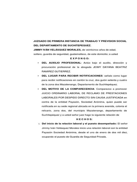 Demanda Ordinario Laboral De Reclamacion De Prestaciones Laboral Por Despido Directo E