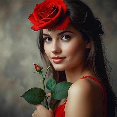 A Woman With A Red Rose In Her Hand And A Black Background Premium Ai