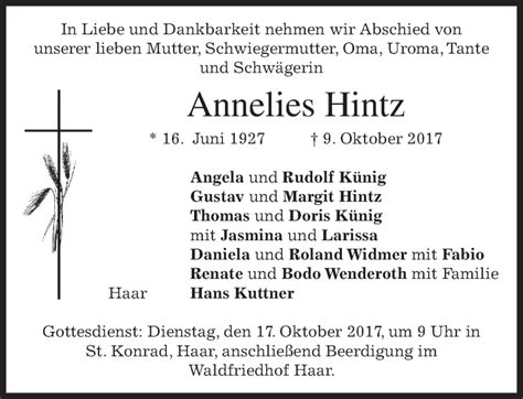 Traueranzeigen Von Annelies Hintz Trauer Merkur De