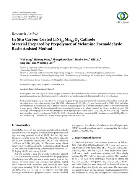 Pdf In Situ Carbon Coated Lini Mn O Cathode Material