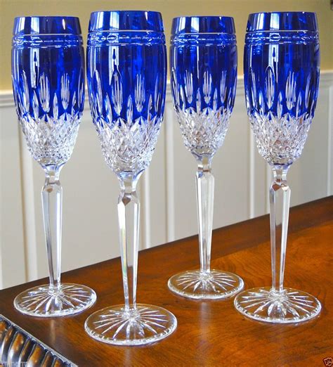 4 Waterford Clarendon Champagne Flutes Glasses Cobalt Blue Cased Crystal New Waterford