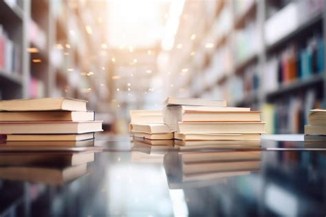 Стопка книг в библиотеке и размытый фон книжной полки для образования ...