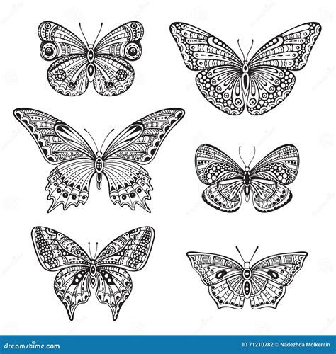 Set Of Six Ornate Doodle Hand Drawn Butterflies Stock Vector