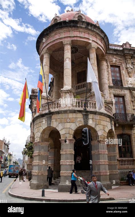 Official Stone Building With Flags Street Scene Cuenca Ecuador South