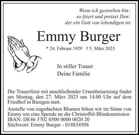 Emmy Burger Traueranzeige Badische Zeitung