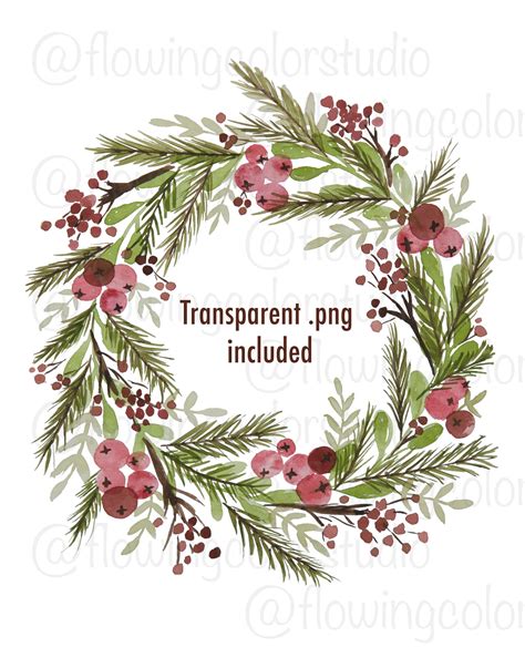 Cranberry and Evergreen Branches Wreath Digital Download Clip Art Wall ...