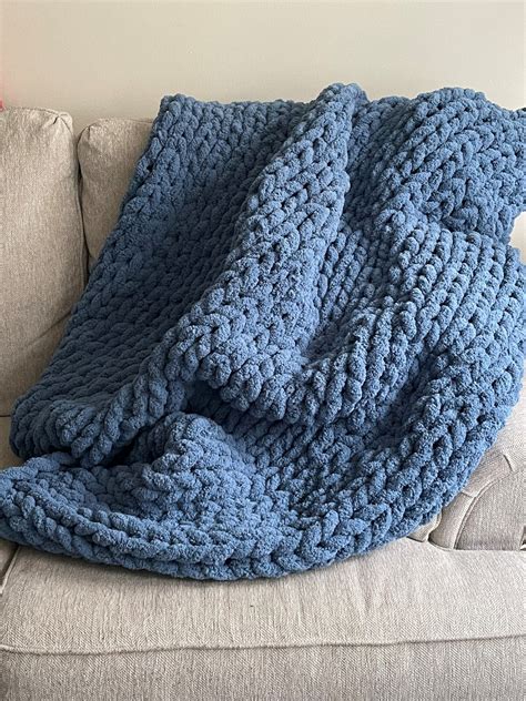 Blue Chunky Knit Blanket Throw Blanket Small To Large Sizes Etsy