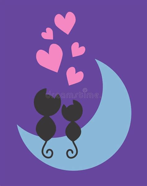 Two Cats In Love Watching On The Moon Stock Vector Illustration Of