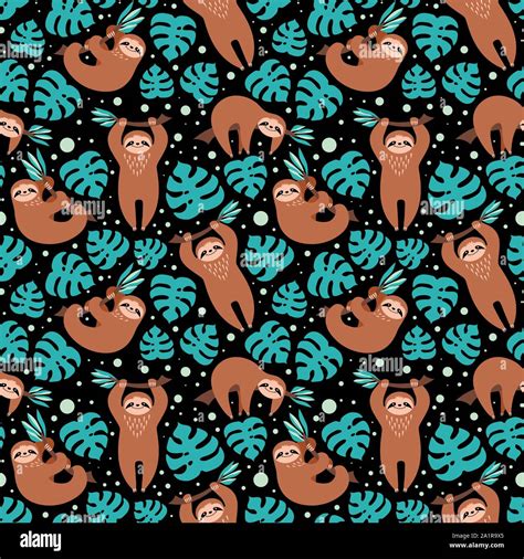 Seamless Pattern With Cute Sloths And Floral Elements On Black