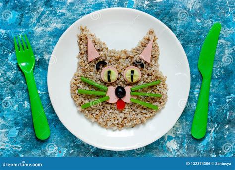 Food Art Idea For Kids Buckwheat Cat Animal Face Buckwheat Porridge