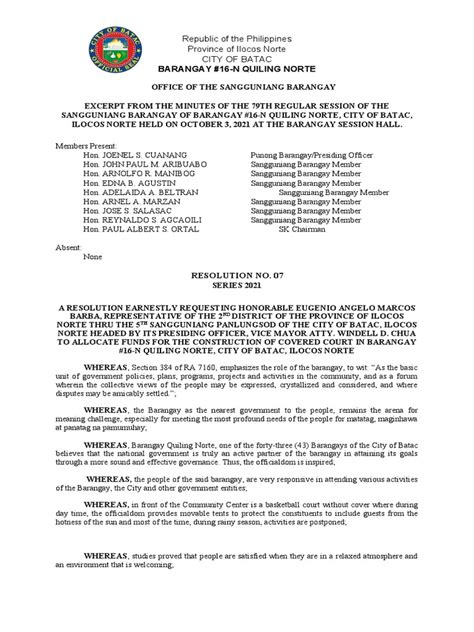 2021 Barangay Resolution No 7 A Resolution For Covered Court Pdf