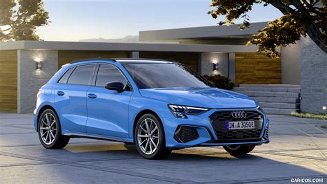 2021 Audi A3 Sportback TFSI e Plug-In Hybrid (Color: Turbo Blue) - Front Three-Quarter | Caricos