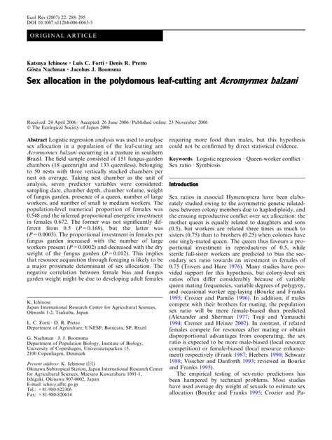 PDF Sex Allocation In The Polydomous Leaf Cutting Ant Acromyrmex Balzani