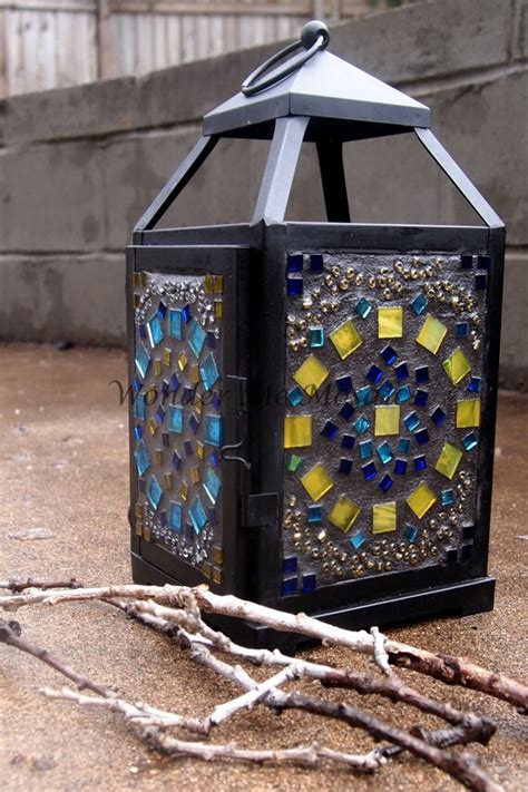 Blue Yellow Stained Glass Mosaic Lantern By Wondermemosaics