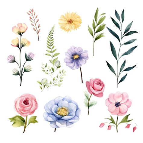 Elegante Conjunto De Ilustraciones De Flores Y Hojas De Acuarela