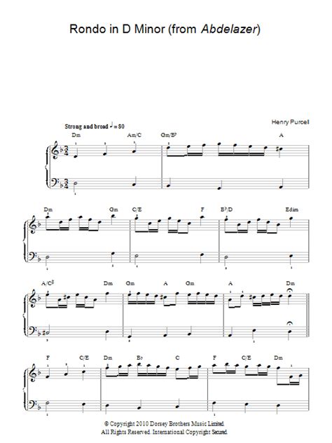 Rondeau In D Minor From Abdelazer By Henry Purcell Sheet Music For Easy Piano At Sheet Music