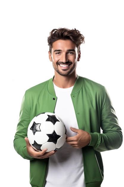 A Man In A Green Jacket Holding A Soccer Ball Premium AI Generated Image