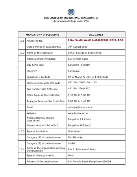 Mandatory Disclosure Bms College Of Engineering