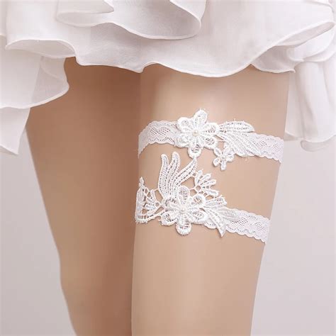 White Lace Embroidery Floral Beading Sexy Wedding Garters 2pcs Set For