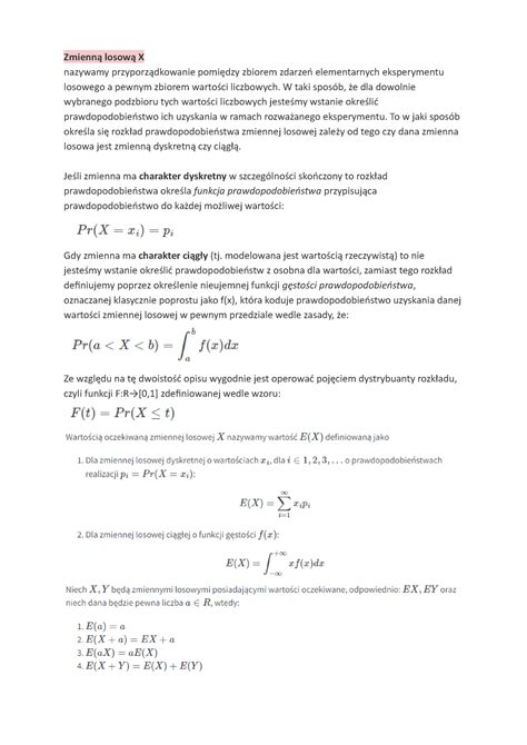 Notatki teoria statystyka Zmienną losową X nazywamy przyporządkowanie