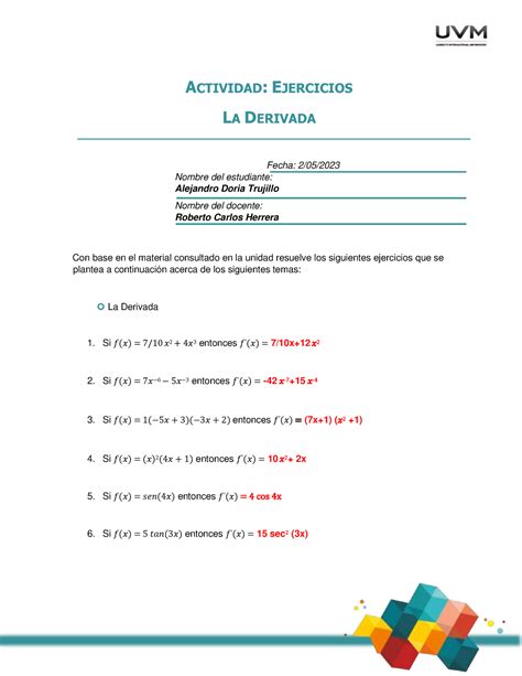 Derivadas ACTIVIDAD EJERCICIOS LA DERIVADA Fecha 2 05 Con Base En