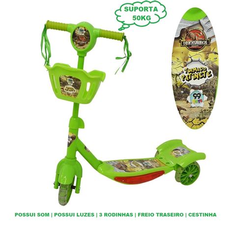 Patinete Infantil 3 Rodas Musical Luzes Cestinha 50KG Dinossauro Verde