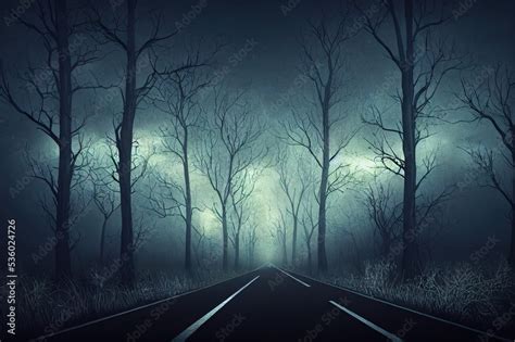 Raster Illustration Of Spooky Empty Road In Dark Scary Forest A Scene