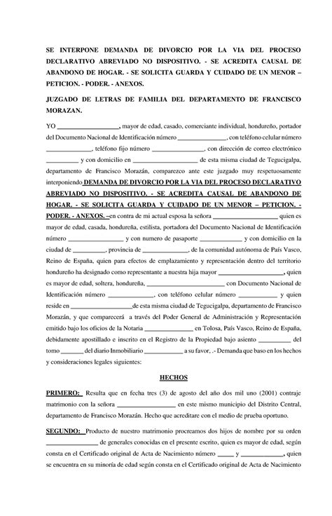 Ejemplo Demanda De Divorcio Contencioso Se Interpone Demanda De Divorcio Por La Via Del