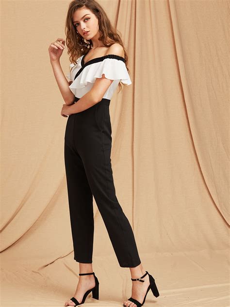 Two Tone Flounce Asymmetric Shoulder Tailored Jumpsuit Shein Sheinside