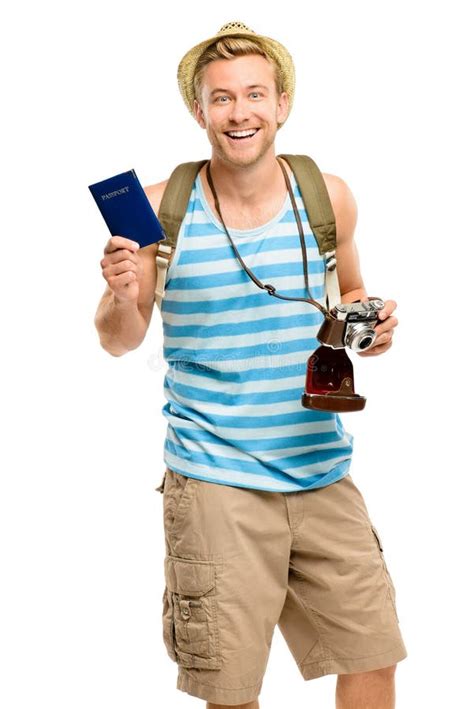 Happy Tourist Man Holding Passport Isolated On White Background Stock