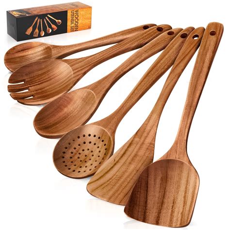 Wood Kitchen Spatula Set 4pcs Natural Teak Wooden Spoons Non Stick Cookware Utensil Set For