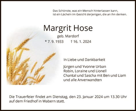 Traueranzeigen Von Margrit Hose Trauer Hna De