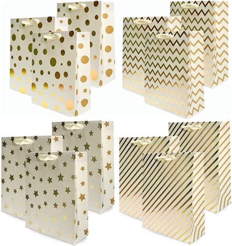 UNIQOOO 12PCS Metallic Gold Christmas Gift Bags Bulk With Handle Large