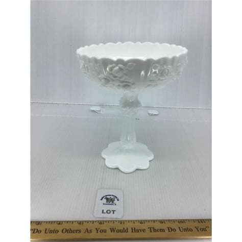 Fenton Cabbage Rose White Milk Glass Compote