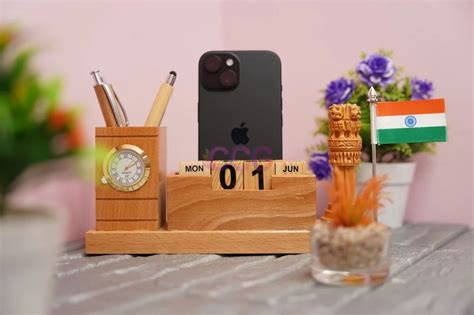 Wooden Pen Stand With Clock At Rs Desktop Wooden Pen Stand In