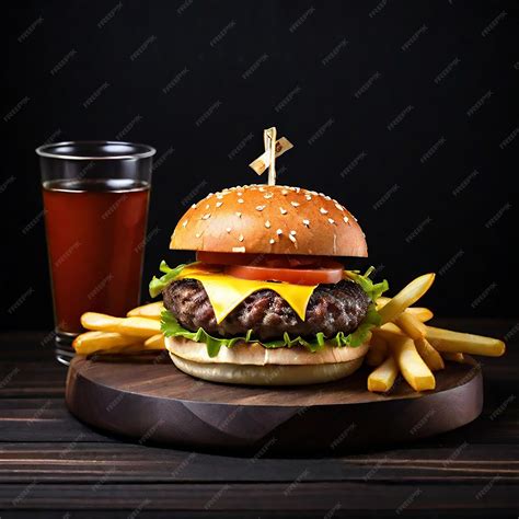 Premium Photo Craft Beef Burgers And French Fries On A Wooden Table Isolated On A Dark