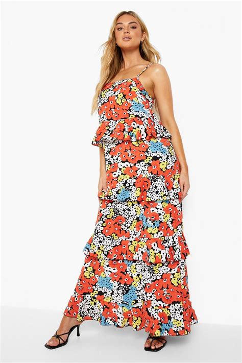 Floral Strappy Tiered Ruffle Maxi Dress Boohoo