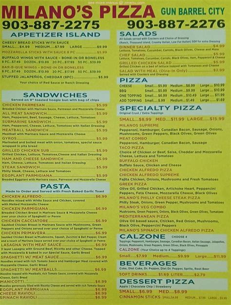 Online Menu Of Milanos Pizza Restaurant Gun Barrel City Texas