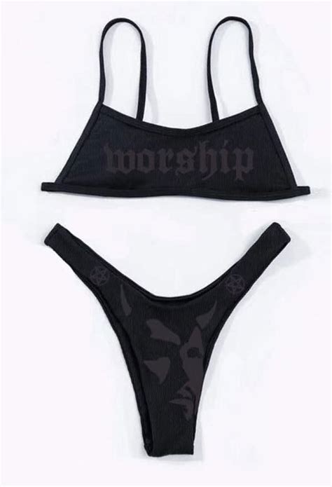 Worship Print Gothic Bikini Set Two Piece Swimsuit Black High Cut Bathing Suit In Stock
