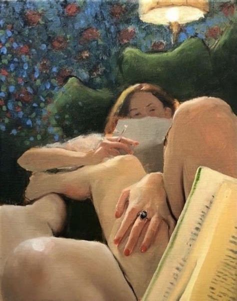 A Painting Of A Woman Laying In Bed With A Book