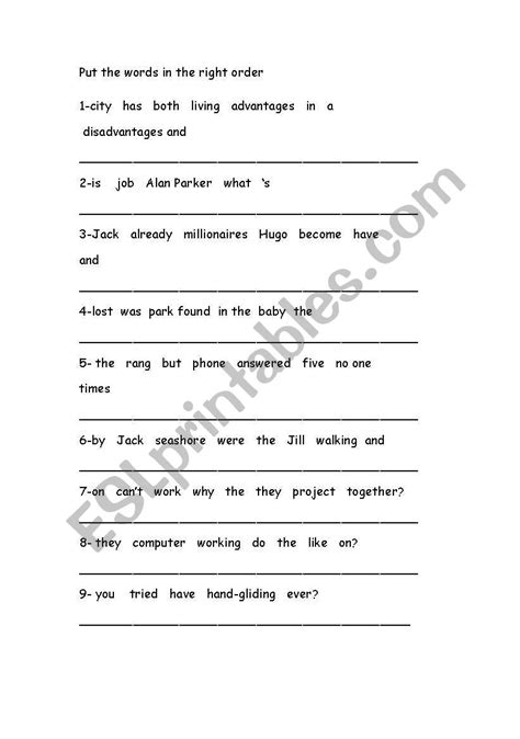 English Worksheets Put The Words In The Correct Order