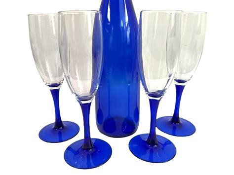 4 Vintage Luminarc Blue Stem Champagne Flutes Glasses Cobalt